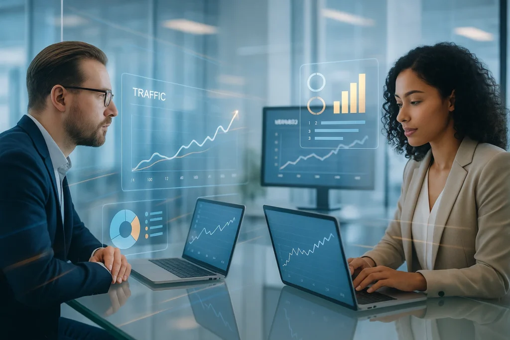 SEO analysts reviewing traffic growth data and website performance charts in modern office